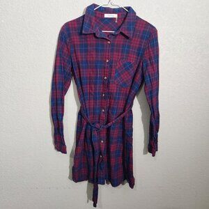 Lucid Pink Plaid Button-Up Belted Shirt Dress Medium Red & Blue Cotton Blend